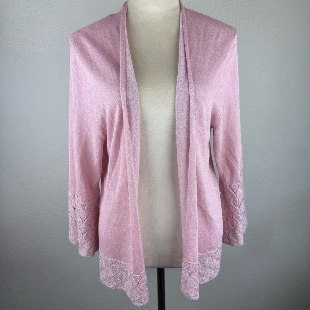 Ruby Rd Glitter Sparkle Pink Lace Trim Open Cardigan Boho Sweater Womens